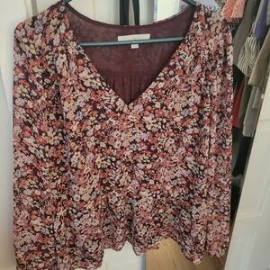 LOFT Burgundy Floral V-Neck Blouse